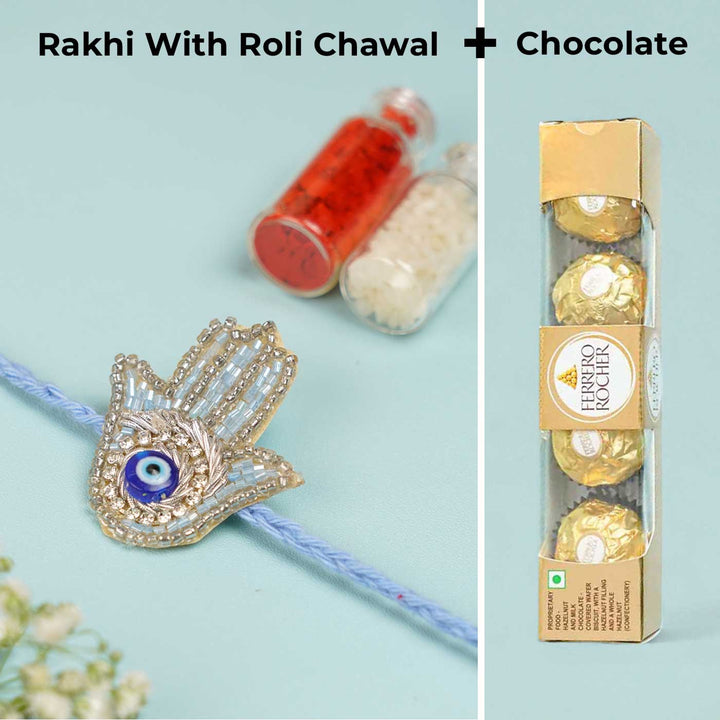 Handmade Beaded Evil Eye Hamsa Hand Rakhi With Roli Chawal - Product Set with Chocolates and Roli Chawal