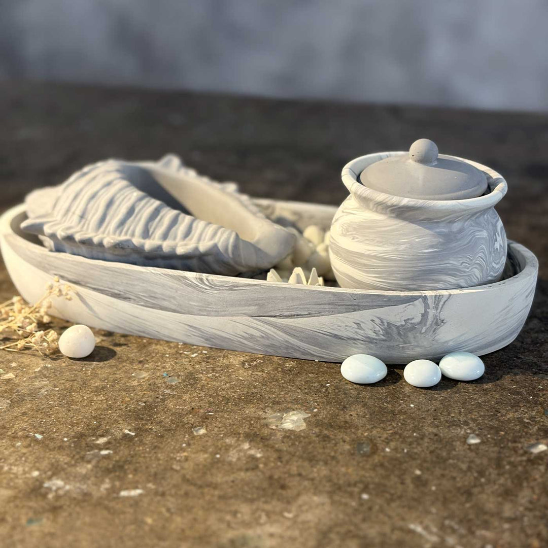 Handmade Luminous Concrete Gift Hamper | Includes 1 Ovoid Bowl Large, 1 Conch Shell Candle, 1 Urn, 2 Concrete Succulents
