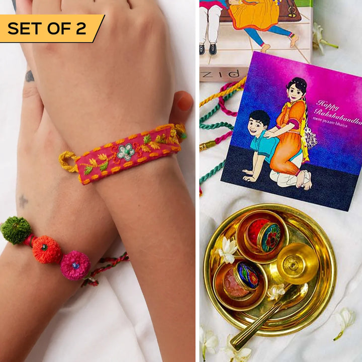 2 pc Rakhi + Brass Thali Set | Premium Chikki Embroidered Pom Pom Rakhi Set with Roli Chawal
