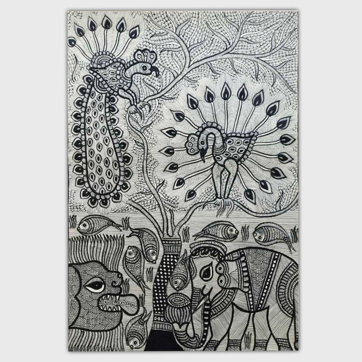 22 x 30 Inch | Harmony of the Forest and Water | Original Hand Painted Madhubani Painting | Natural Pigments On Paper