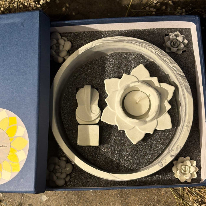 Handmade Glow Concrete Gift Hamper | Includes 1 Urli, 1 Flower Candle Holder, 1 Ganesha With Stand, 4 Succulent
