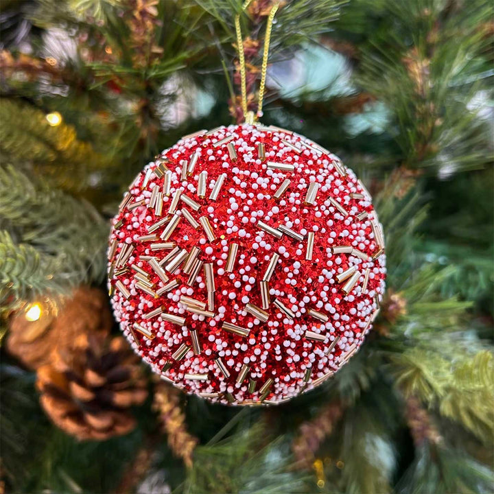 Handmade Red & Gold Shimmer Embellished Chirstmas Ball Ornaments For Decoration | Set Of 9