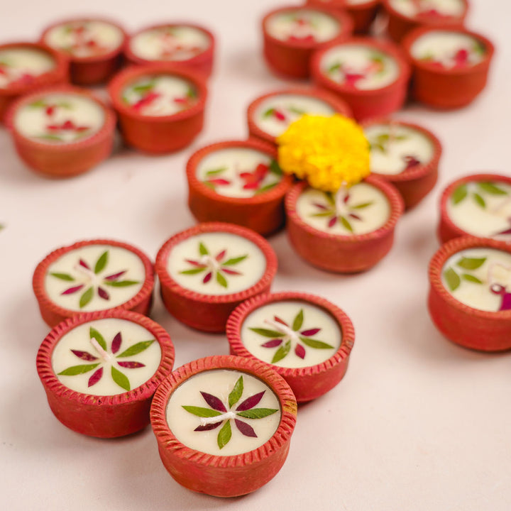 Set Of 24 | Handmade Soy Wax & Dry Flower Festive Diyas