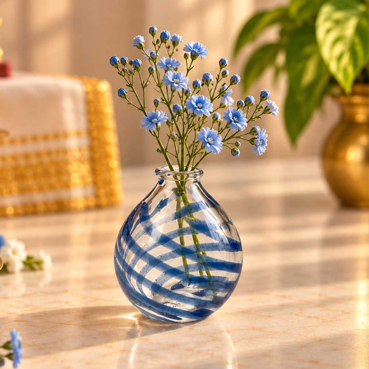 Handmade Blue Spiral Swirl Small Glass Art Vase For Home Decor