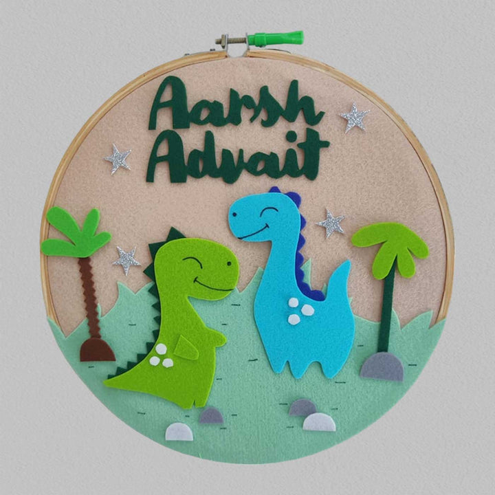 Personalized Handmade Dino Theme Felt Hoop Name Plate - Front View with Name Personalization