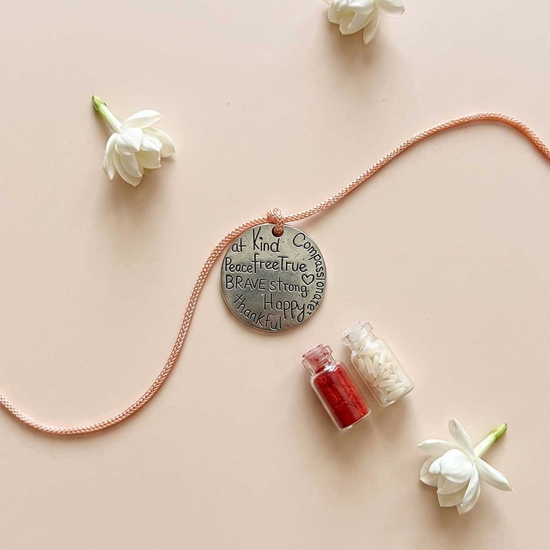 Engraved "Kind Brave Strong Happy" Quote Metal Charm Rakhi With Roli Chawal for Brother