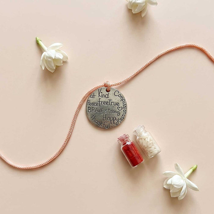 Engraved "Kind Brave Strong Happy" Quote Metal Charm Rakhi With Roli Chawal for Brother