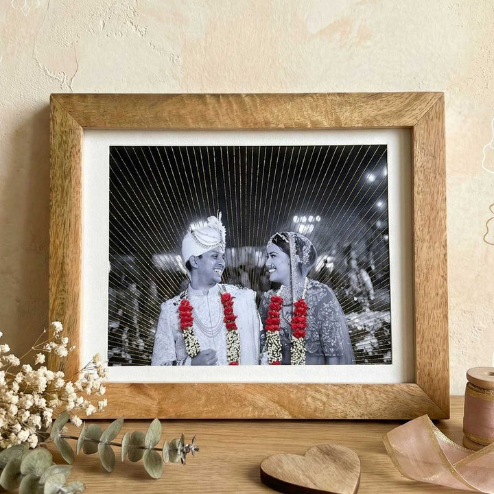 Garland And Golden Rays Design Hand Embroidered Photo With Wooden Frame