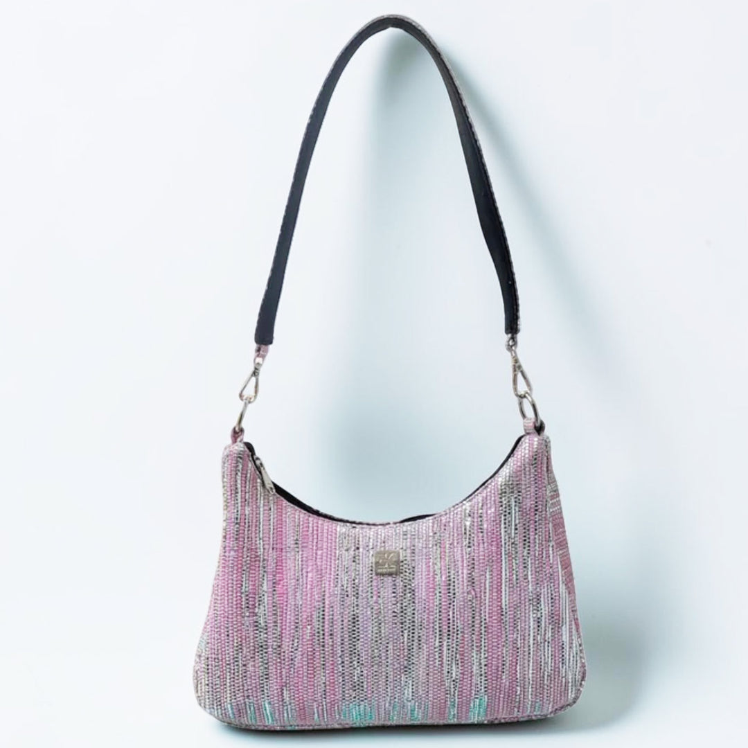 Pink and Silver Striped Upcycled Plastic Handcrafted Baguette Handbag