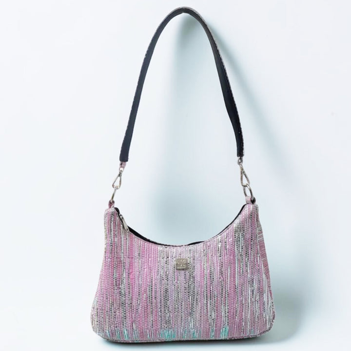 Pink and Silver Striped Upcycled Plastic Handcrafted Baguette Handbag