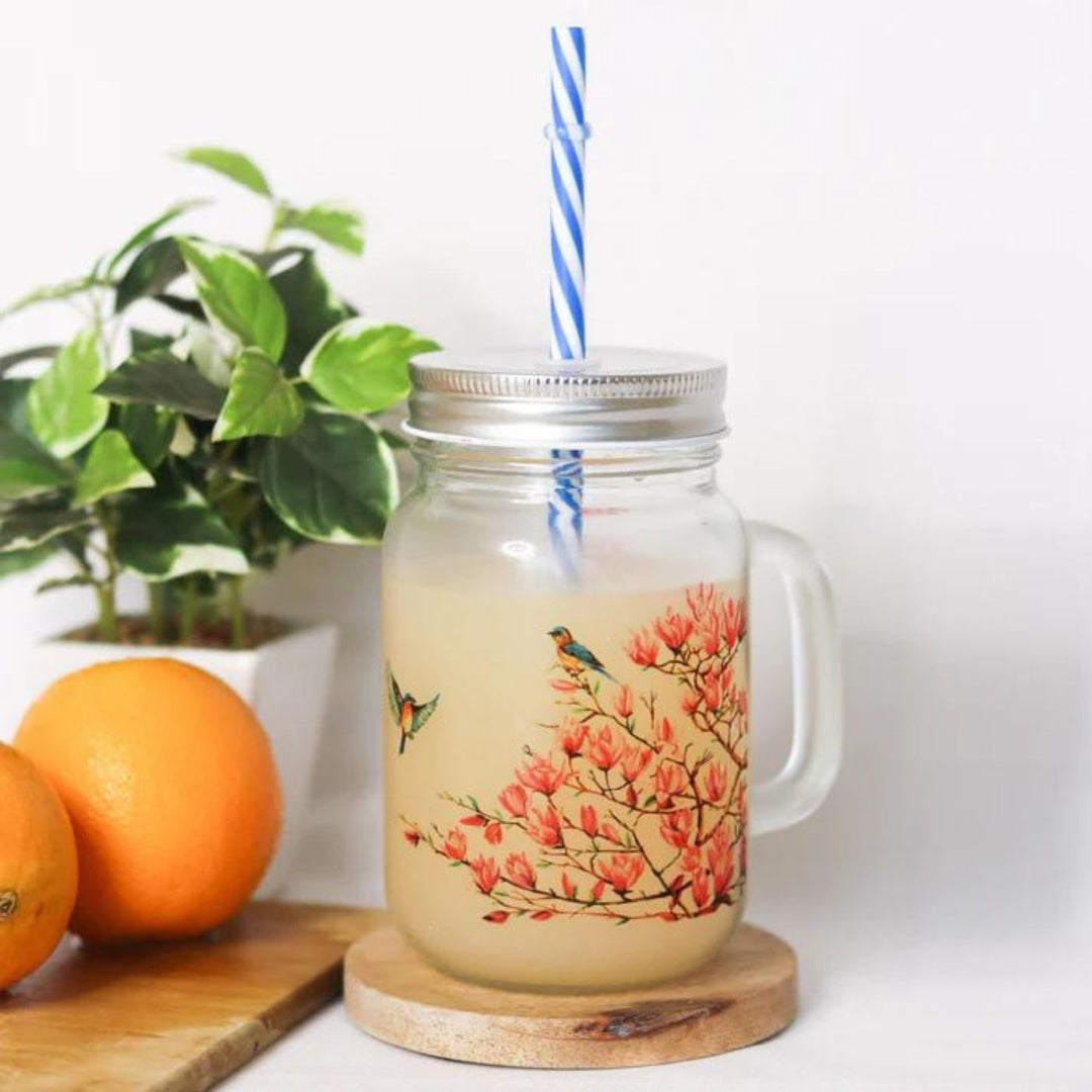 Botanical Print Mason Jar with Metal Lid & Straw | 500 ml