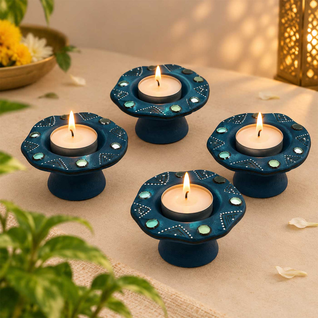Set of 6 | Blue Hand-Painted Flower-Shaped Terracotta Diya Tealight Holders For Festive Decor