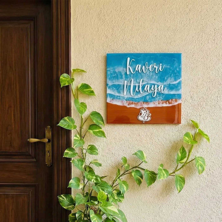 Light Blue & Red Personalized Beach Effect Rectangle Resin Name Plate | With 3D Acrylic Letters