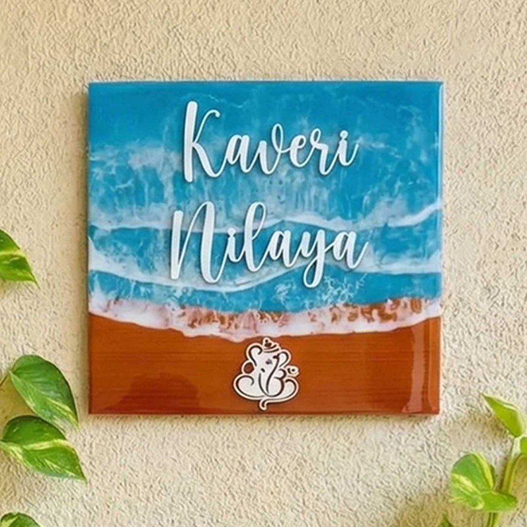 Light Blue & Red Personalized Beach Effect Rectangle Resin Name Plate | With 3D Acrylic Letters