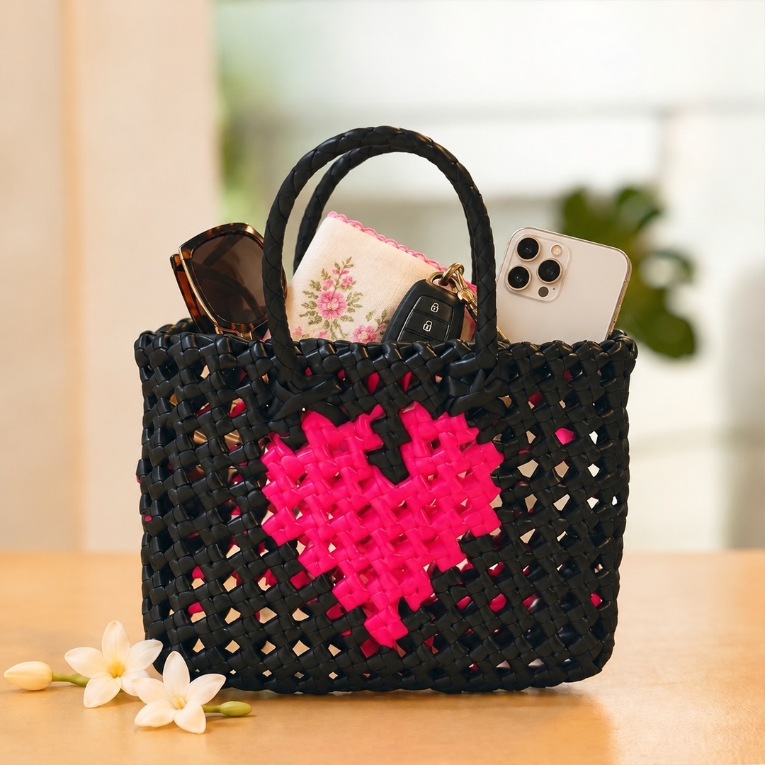 Mini Handwoven Black Plastic Wire Koodai Bag With Pink Heart Motif