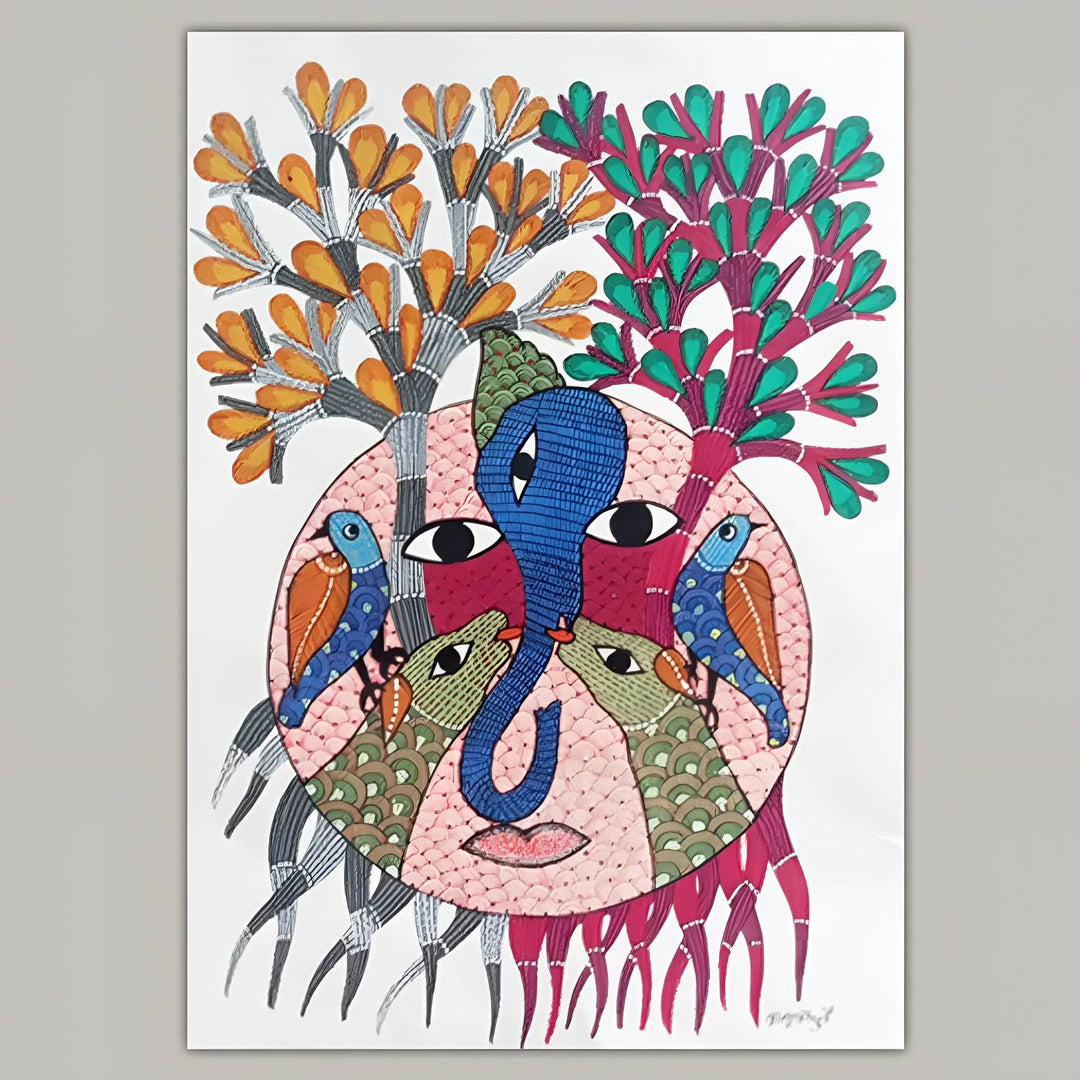 11 x 16 Inch | Trees, Birds & Human Face | Original Hand Painted Tribal Gond Art Painting | Acrylic Paint On Paper