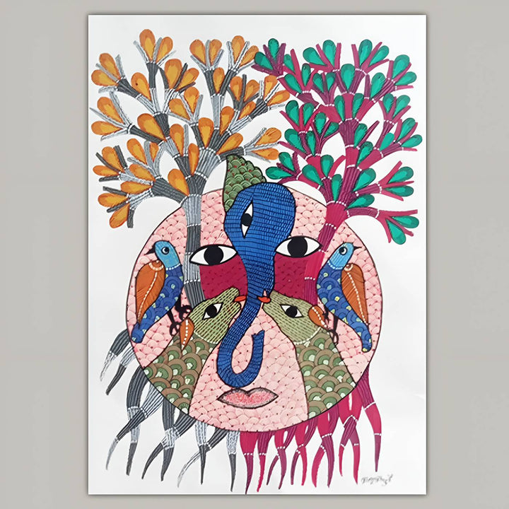 11 x 16 Inch | Trees, Birds & Human Face | Original Hand Painted Tribal Gond Art Painting | Acrylic Paint On Paper