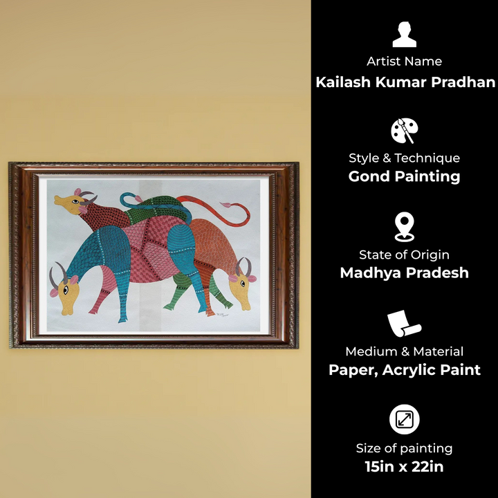 15 x 22 Inch | Group of Cows | Original Hand Painted Tribal Gond Art Painting | Acrylic Paints On Paper