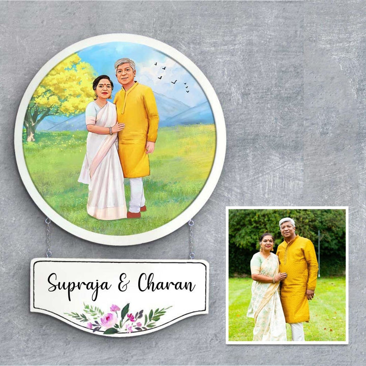 Photo Caricature Hanging Nameplate Couples 1 - Wall Mounted Personalized Illustration
