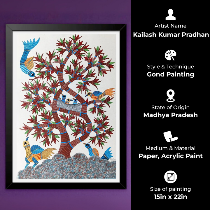 15 x 22 Inch | Tree of Life with Birds | Original Hand Painted Tribal Gond Art Painting | Acrylic Paints On Paper