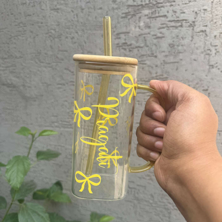 Personalized Ribbon Theme Glass Bottle With Straw