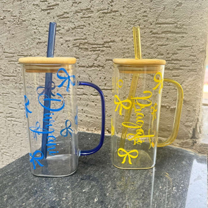 Personalized Ribbon Theme Glass Bottle With Straw