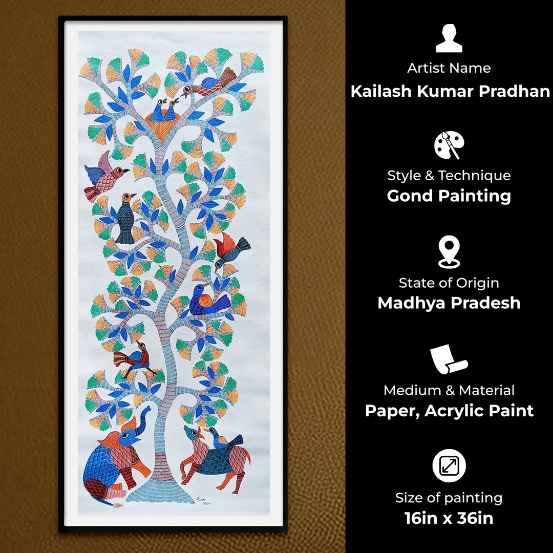 16 x 36 Inch | Birds & Animals In Tree | Original Hand painted Tribal Gond Art Painting | Acrylic Paints On Canvas