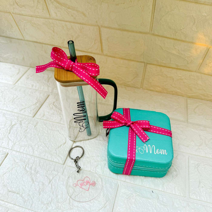 Personalized Faux Leather Jewellery Organiser With Glass Bottle And Keychain For Mothers