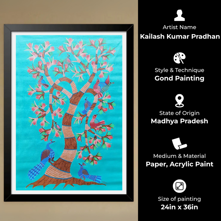 24 x 36 Inch | A Tree of Peacocks | Original Hand painted Tribal Gond Art Painting | Acrylic Paints On Canvas