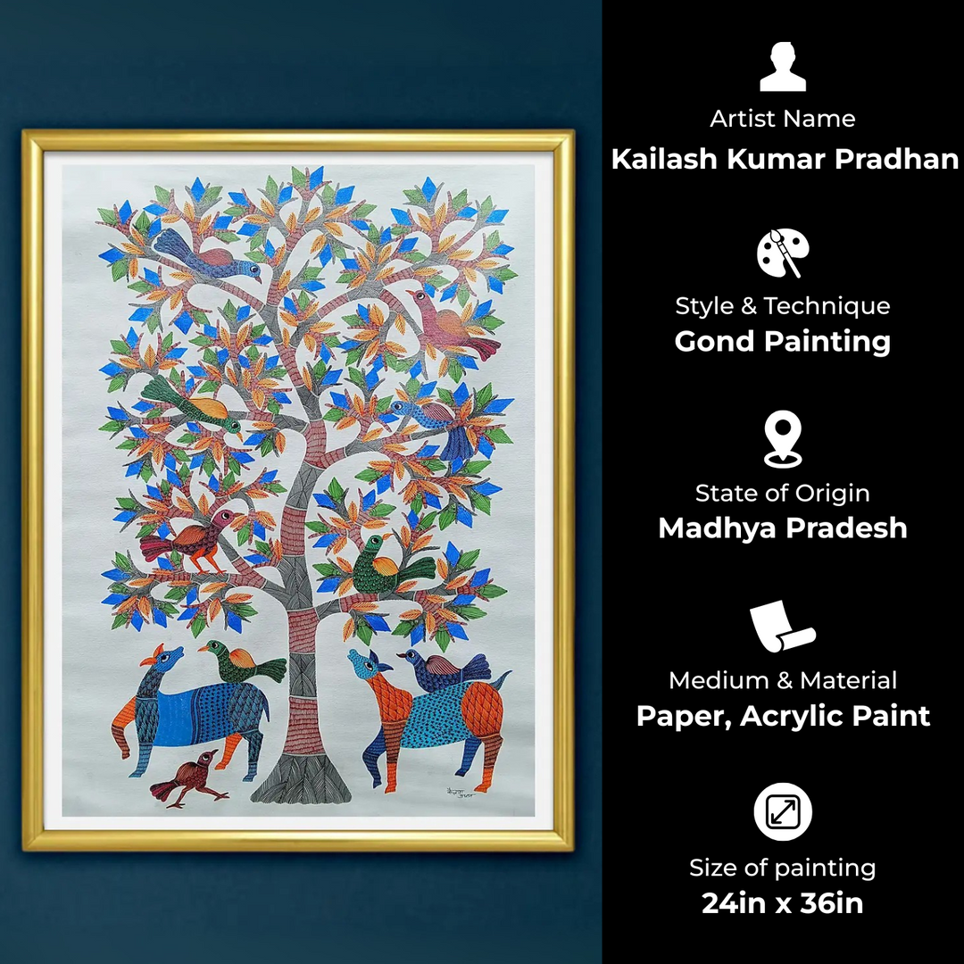 24 x 36 Inch | Tree Of Life With Birds | Original Hand painted Tribal Gond Art Painting | Acrylic Paints On Canvas