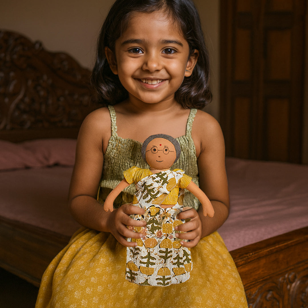 Nilah's Patti (Grandmother) In Yellow Saree | Soft Hand-Stitched Sustainable Indian Play Doll