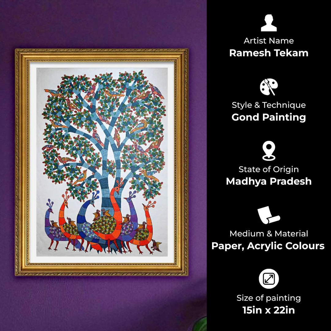15 x 22 Inch | Under the Tree of Life | Original Hand Painted Tribal Gond Art Painting | Acrylic Paints On Canvas