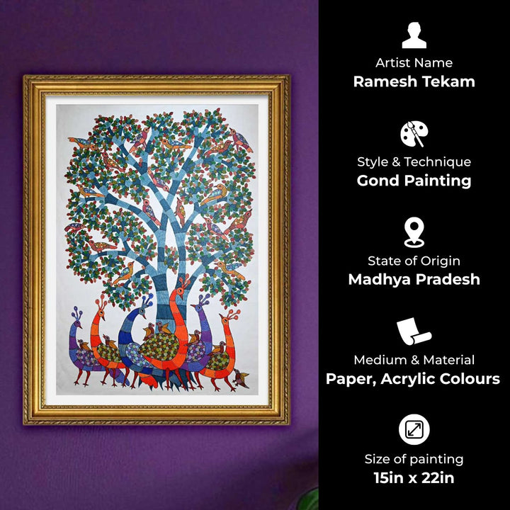 15 x 22 Inch | Under the Tree of Life | Original Hand Painted Tribal Gond Art Painting | Acrylic Paints On Canvas
