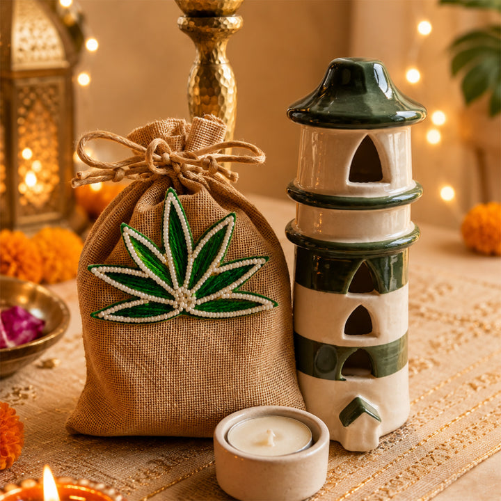 Shubh Labh Green Tealight Home Diwali Gift Hamper With Potli And Mata Laxmi Charan For Festive Gifting