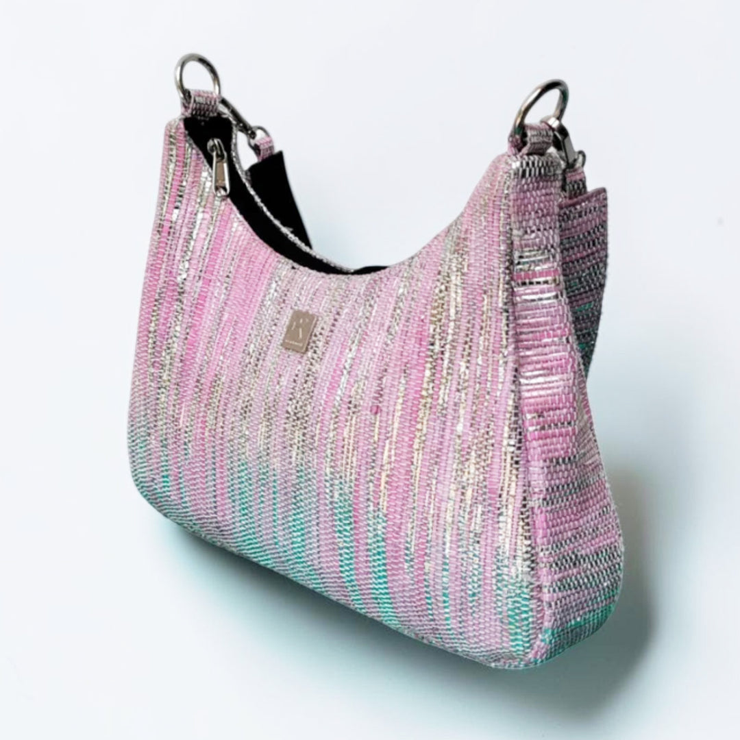 Pink and Silver Striped Upcycled Plastic Handcrafted Baguette Handbag
