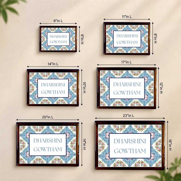 Floral Blue Vintage Personalized Resin & Teak Wood Frame Name Plate For Home