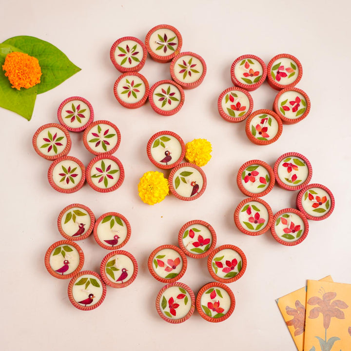32 Diyas | Handmade Soy Wax & Dry Flower Festive Diyas | 4 Boxes, 8 Diyas per Box
