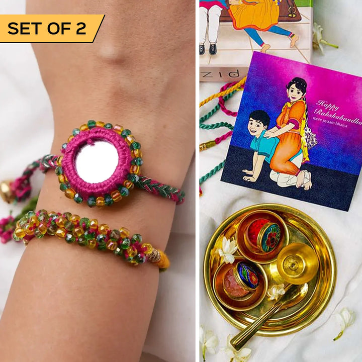 2 pc Rakhi + Brass Thali Set | Premium Mishti Beads & Ghungroo Rakhi Set with Roli Chawal