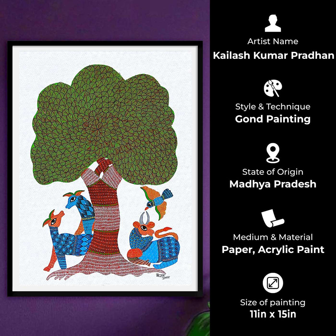 11 x 15 Inch | Harmony Under Tree | Original Hand painted Tribal Gond Art Painting | Acrylic Paints On Paper