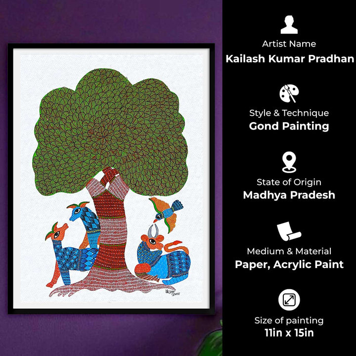 11 x 15 Inch | Harmony Under Tree | Original Hand painted Tribal Gond Art Painting | Acrylic Paints On Paper
