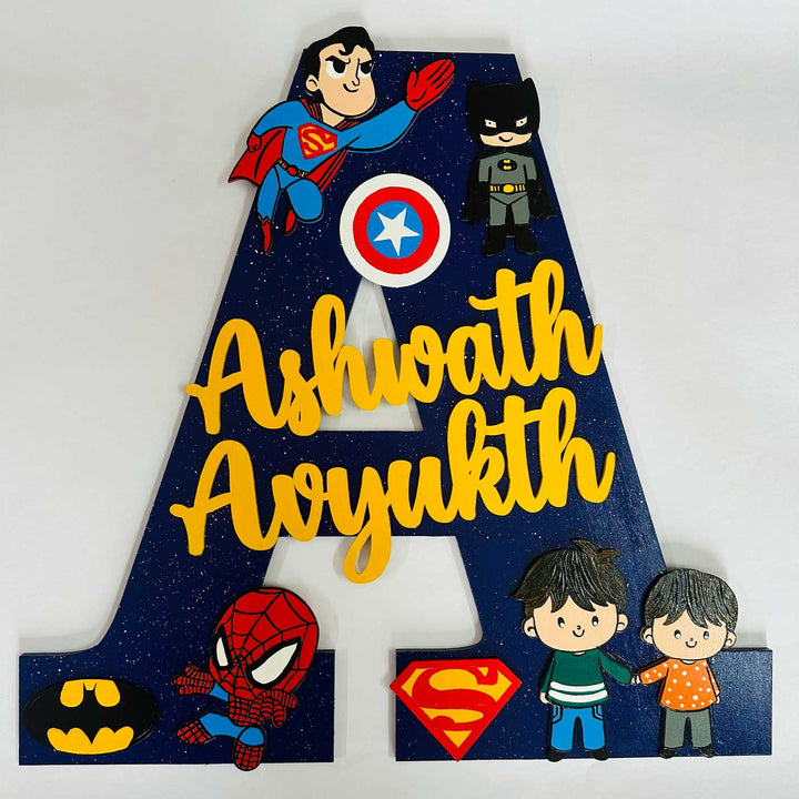 12 inch | Personalized Hand-painted Superhero Siblings Adventure MDF Wood Monogram With 3D Letters