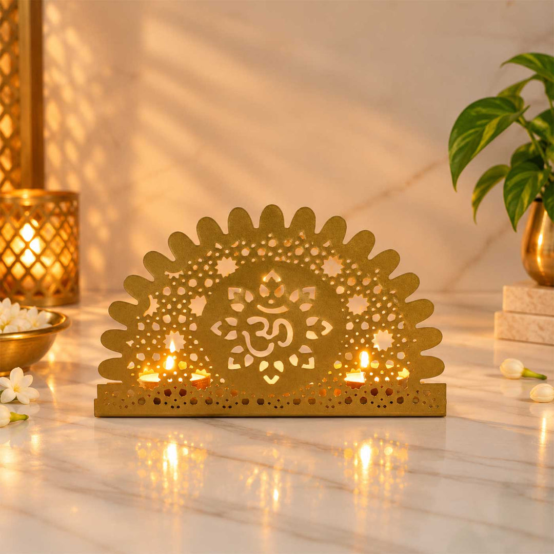 Handmade Om Motif Metal Tealight Holder For Pooja Room Decor