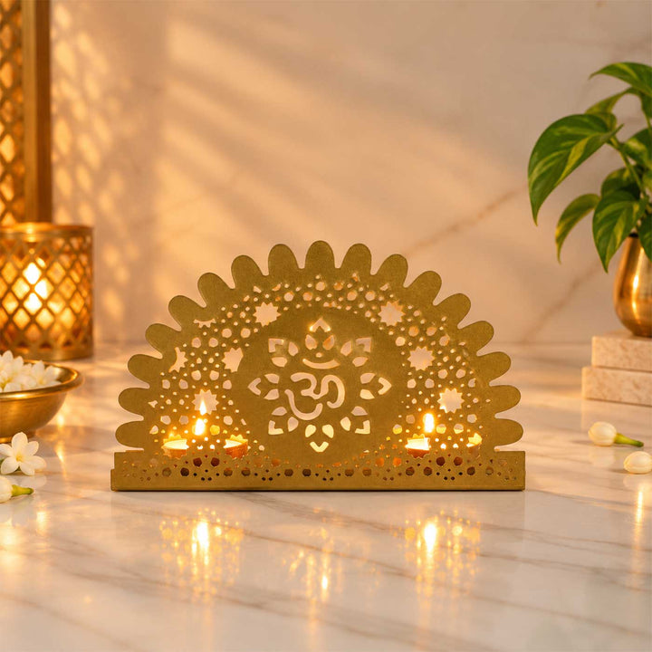 Handmade Om Motif Metal Tealight Holder For Pooja Room Decor