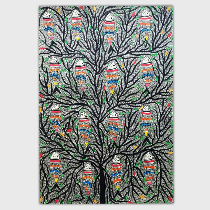 22 x 30 Inch | Fishes in the Sacred Tree | Original Hand Painted Madhubani Painting | Natural Pigments On Paper