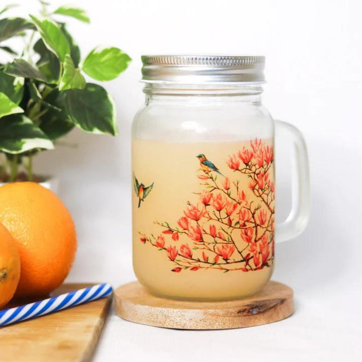 Botanical Print Mason Jar with Metal Lid & Straw | 500 ml