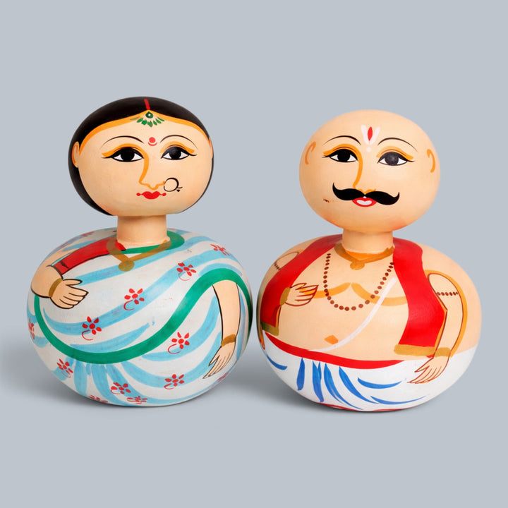 Set of 2 | Hand-Painted Blue Floral & Peach Bobble Head Couple Wooden Golu Dolls For Gifting & Decor