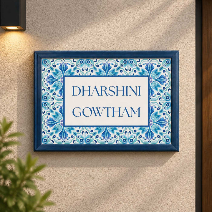 Floral Blue Vintage Design Personalized Resin & Teak Wood Frame Name Plate For Home
