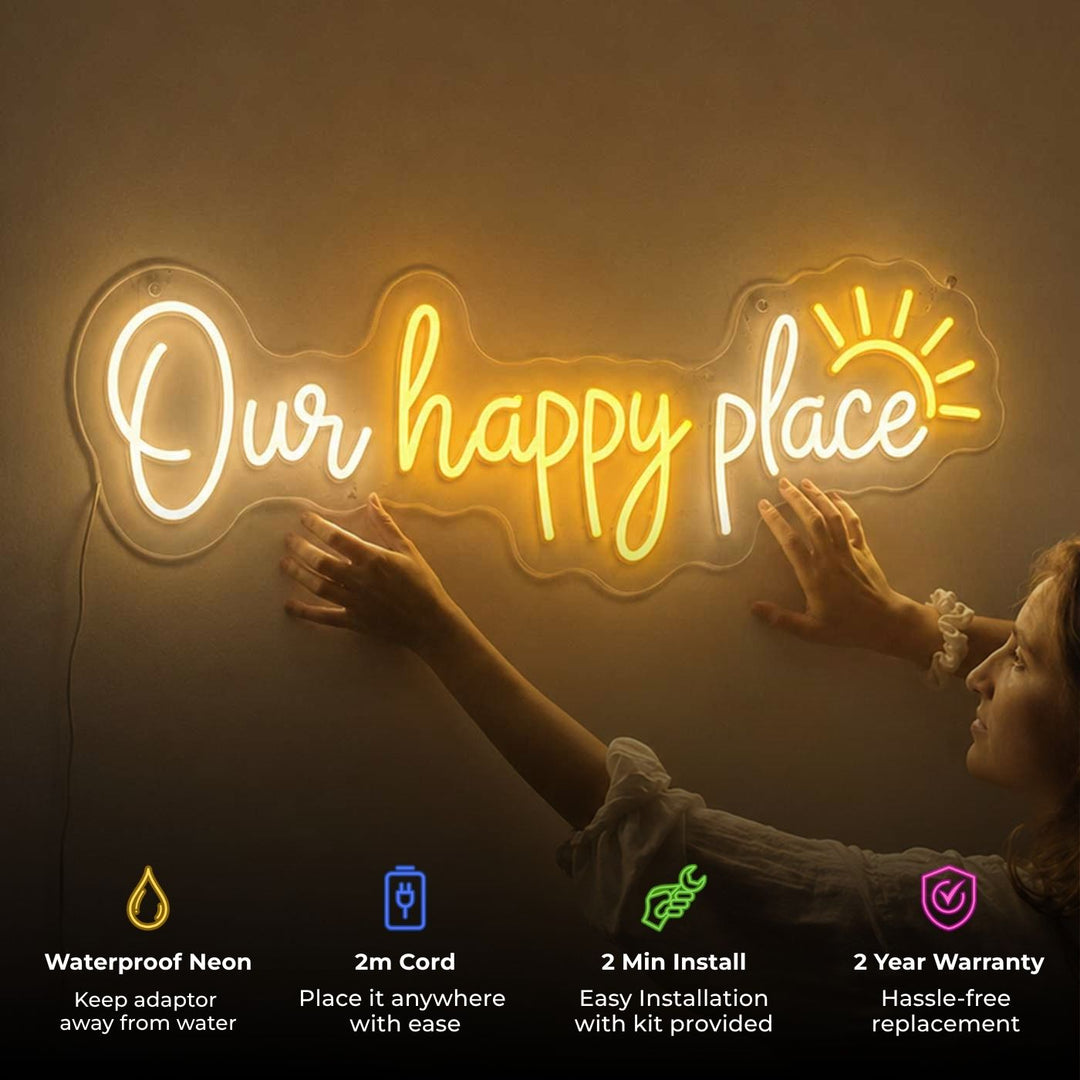 Personalized Handmade "Our Happy Place" Quote Neon Light Sign Board for Home Wall Decor