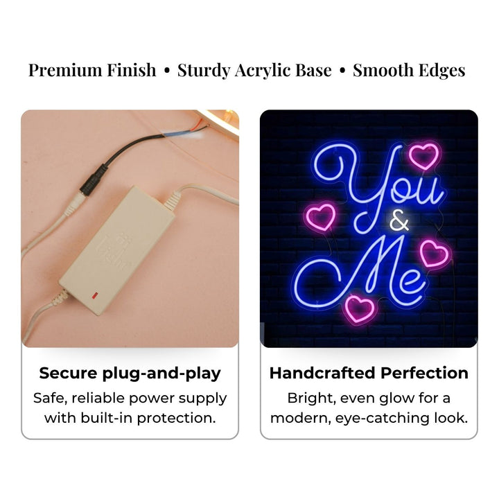 Personalized Handmade "You & Me" Neon Light Sign Board With Heart Motifs For Couple Wall Decor