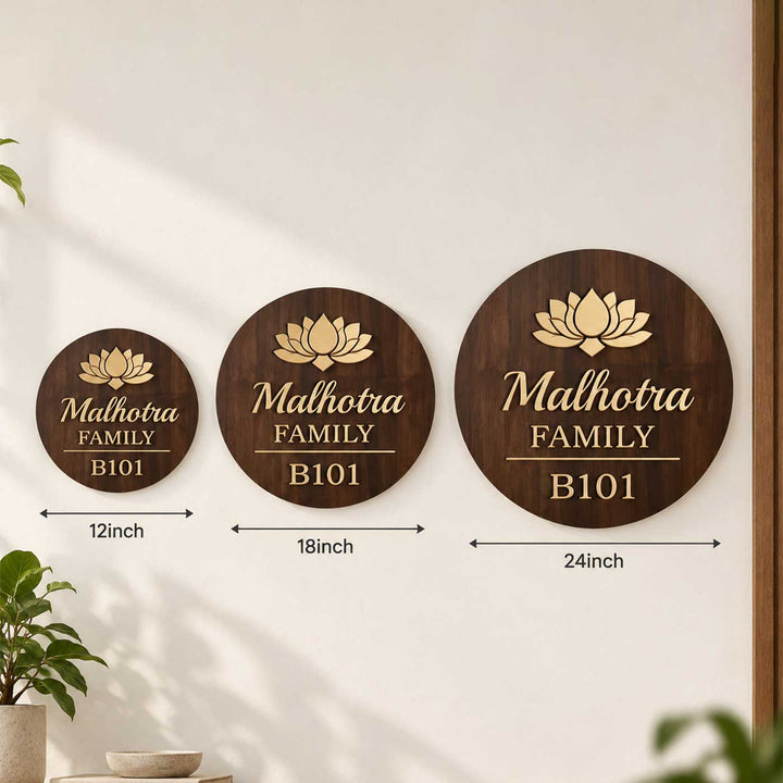 Personalized Lotus Motif Led Backlit Round Rubber Wood Name Plate With Brass Letters For Home